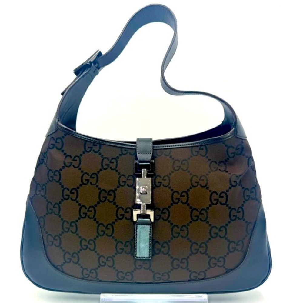 Auth Gucci Supreme Dark Brown Nylon Leather Trim Jackie Shoulder Bag Preloved Ex